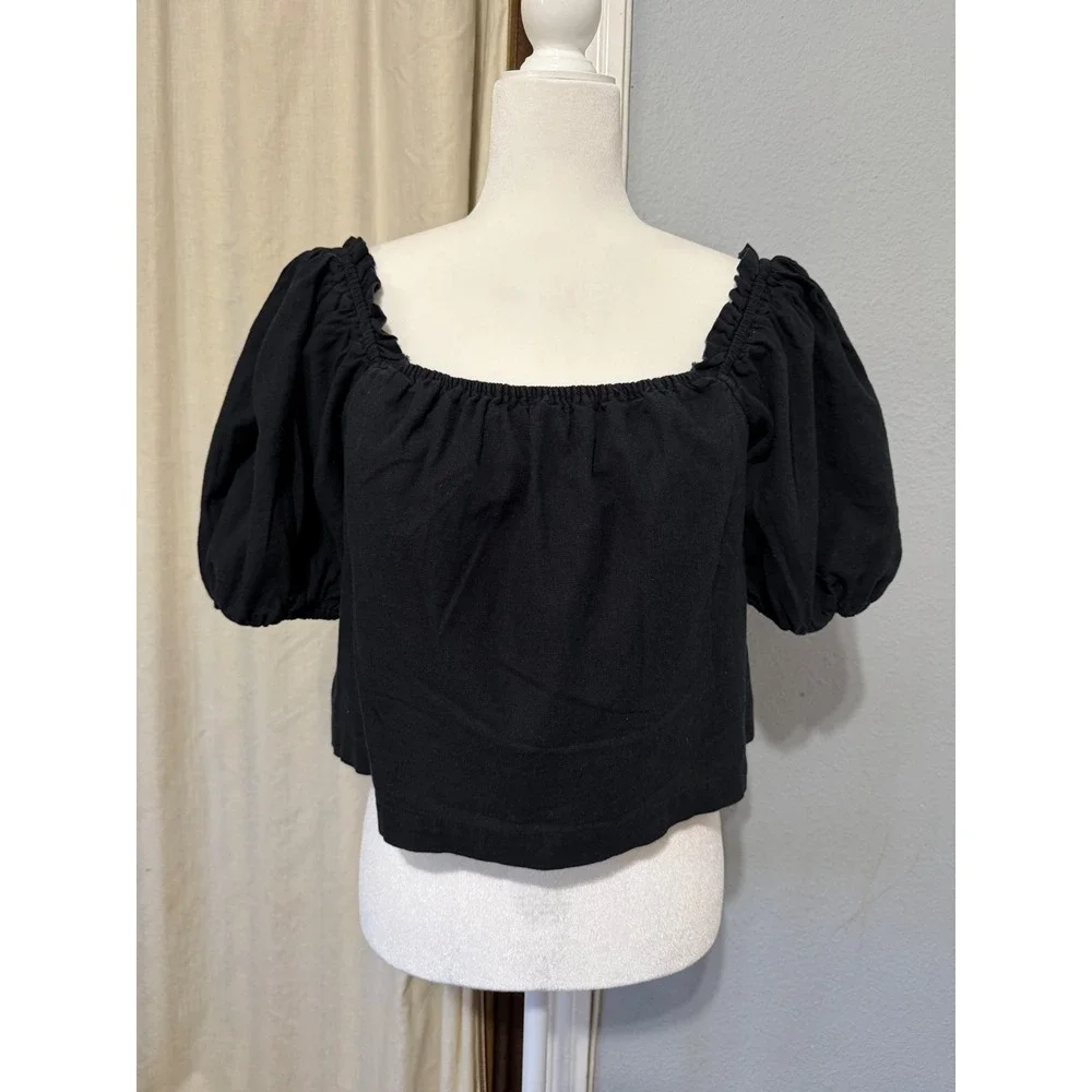 Abercrombie & Fitch Womens Crop Top Size S Black Linen Cotton Off The Shoulder
